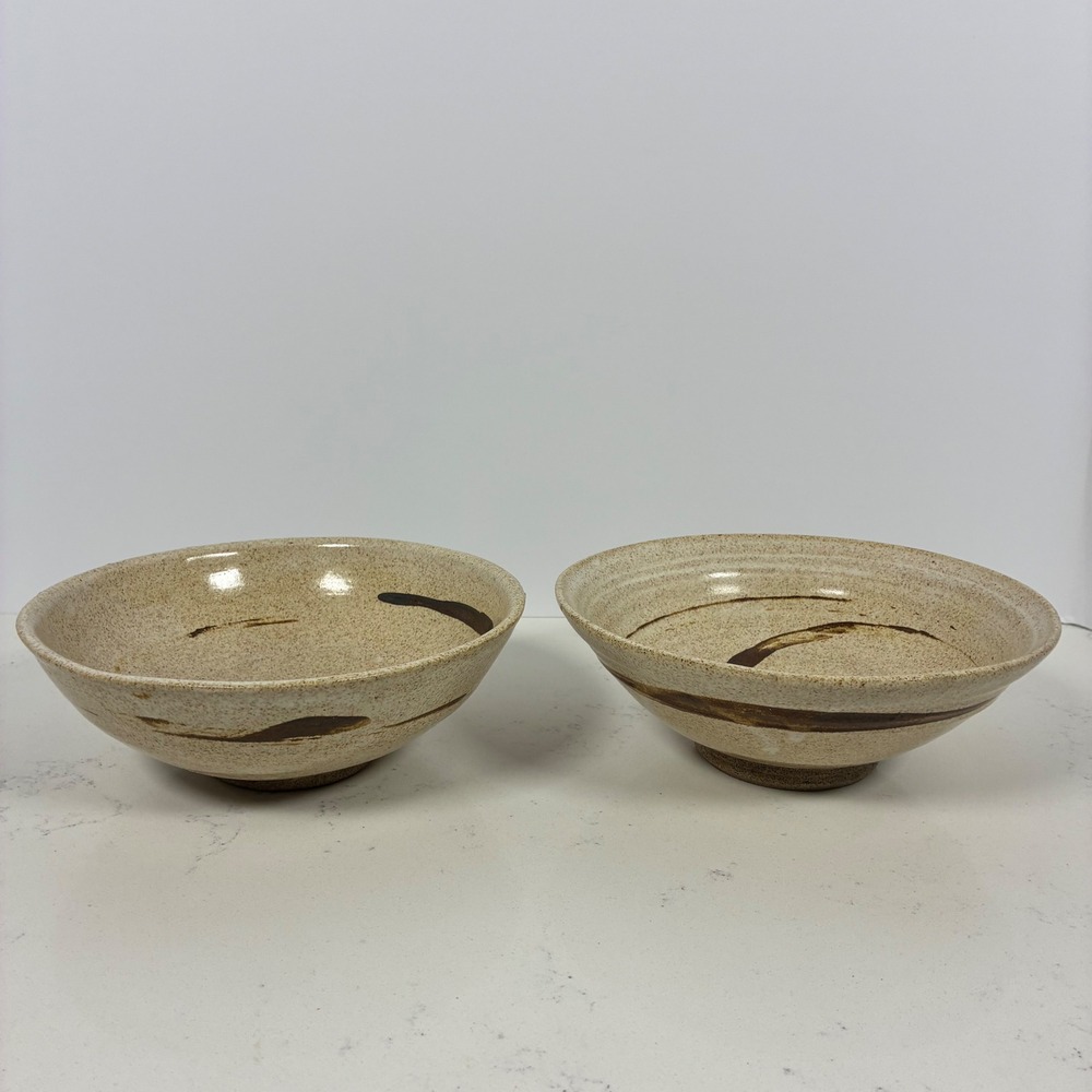 2 Studio Pottery Bowls Tan Speckled Stoneware Brushstroke Zen Wabi Sabi MCM